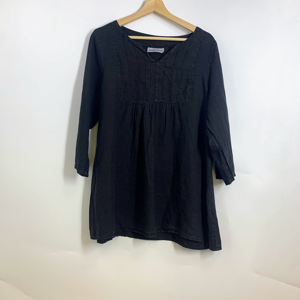 Match‎ Point Black Linen Blend Pintuck Lagenlook V Neck 3/4 Sleeve Tunic Top